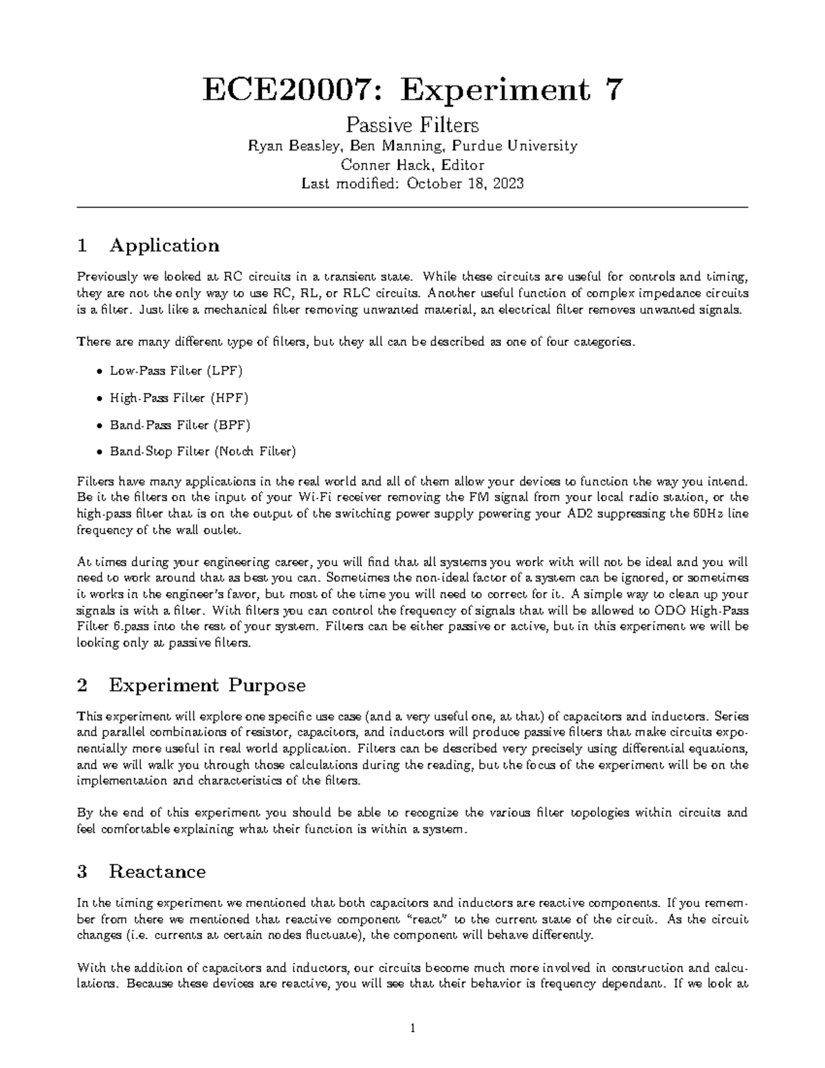 ECE20007 Lab Doc ECE20007 Experiment 7 Passive Filters Ryan Beasley