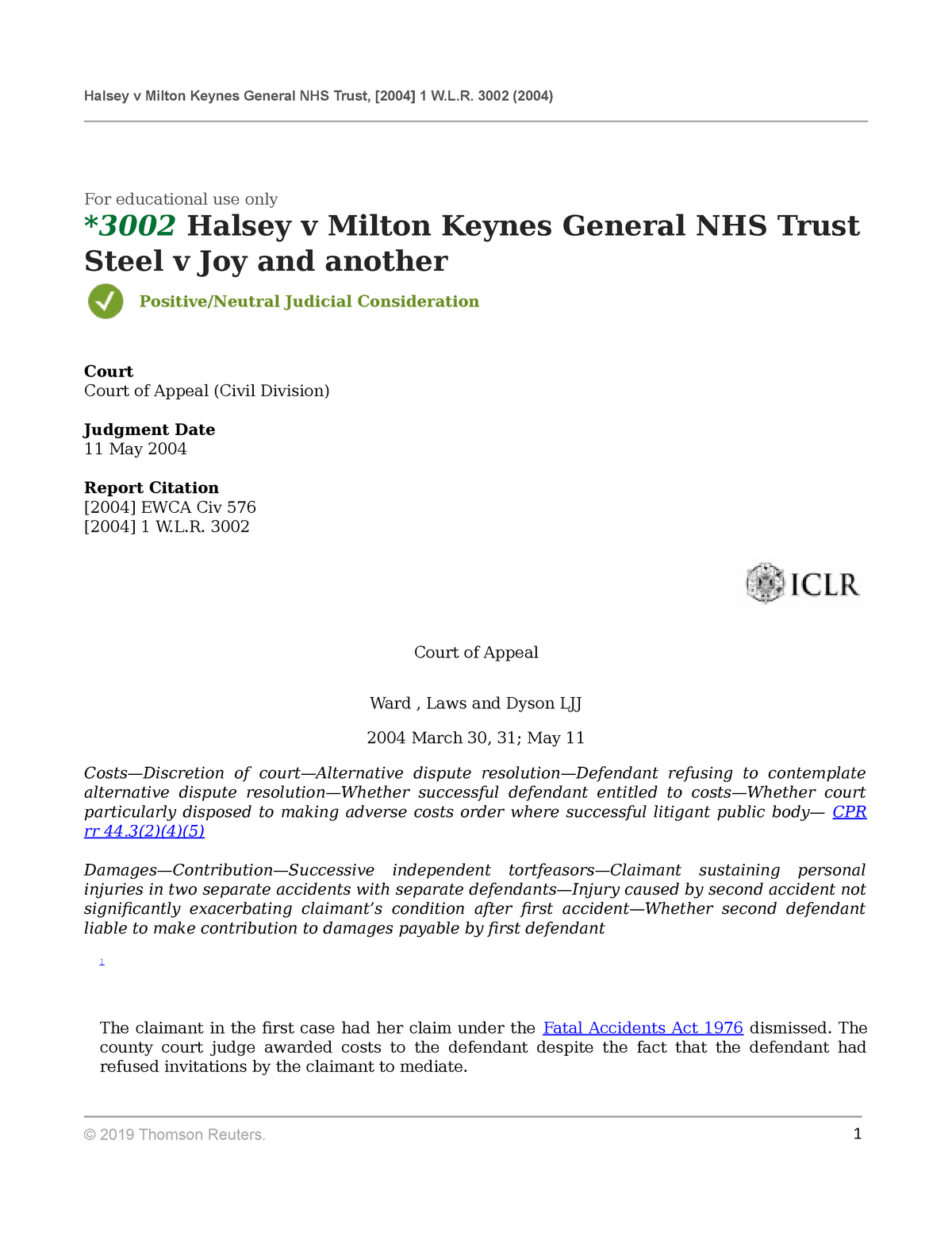 Halsey V Milton Keynes General Nhs Trust Studocu