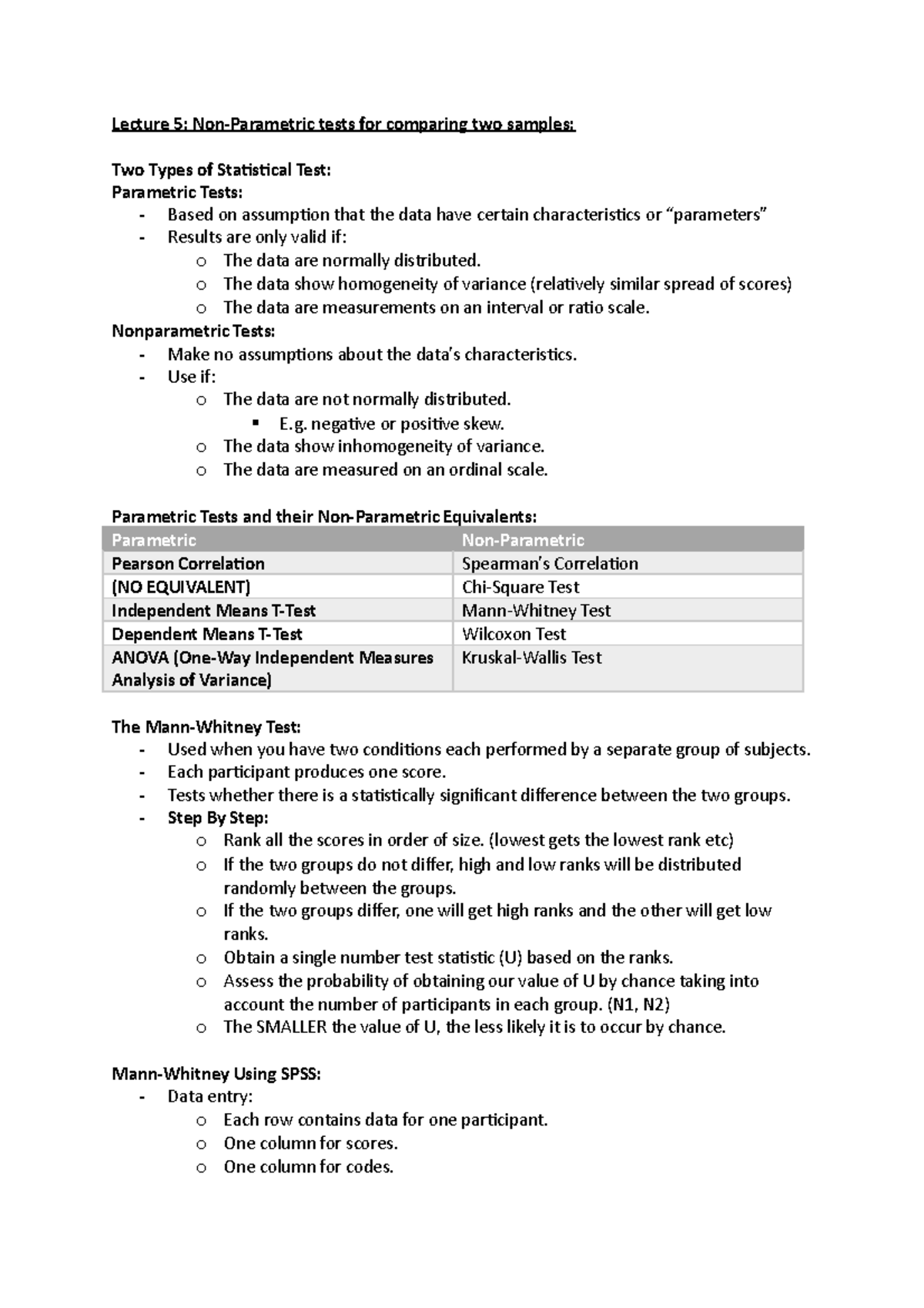 Lecture 5- Non-Parametric tests for comparing two samples - o The data ...