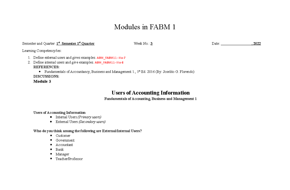 FABM 1 Module 3 Week 3 - ABM - Modules In FABM 1 Semester And Quarter ...