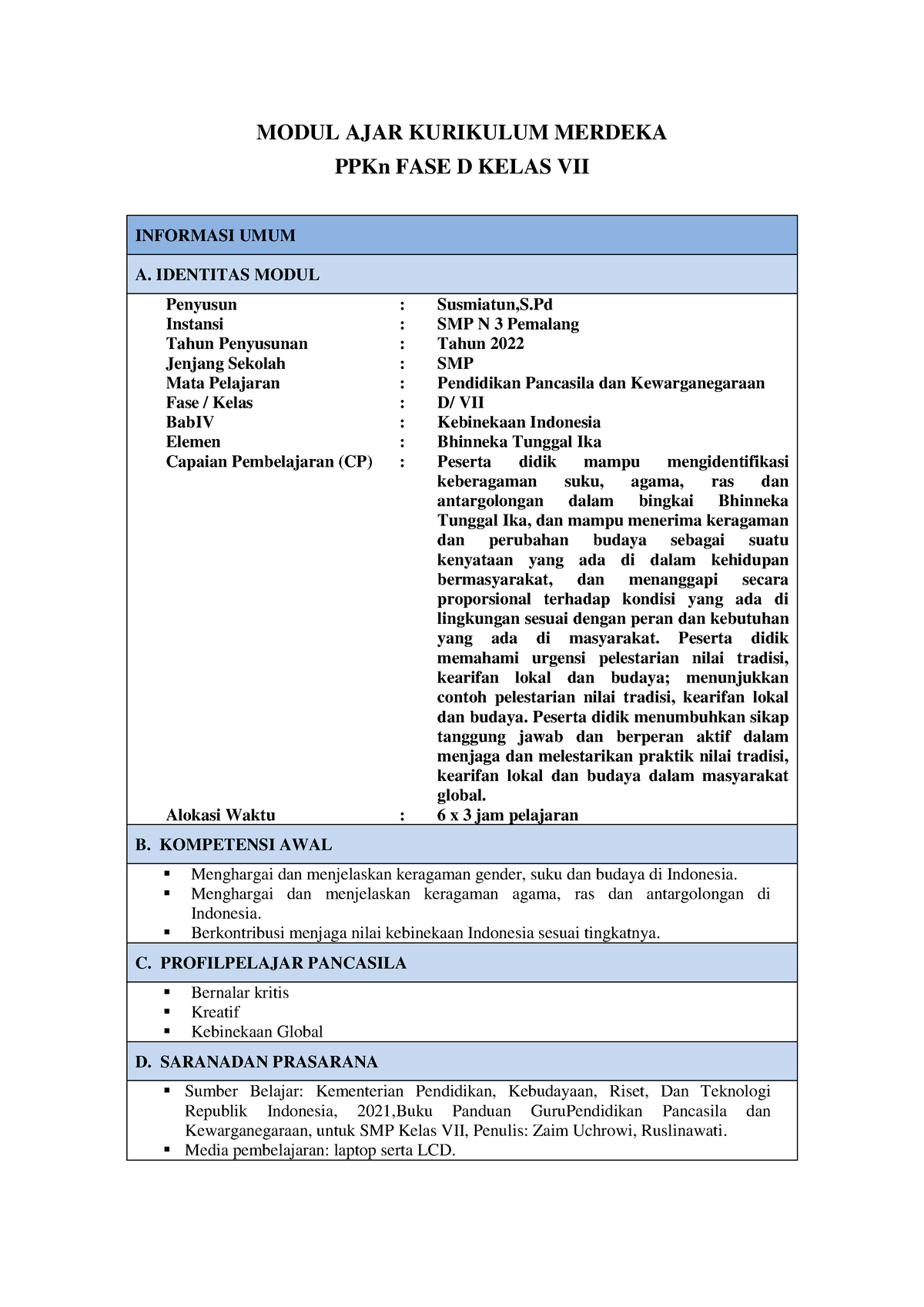 Modul AJAR PKN - MODUL AJAR KURIKULUM MERDEKA PPKn FASE D KELAS VII ...