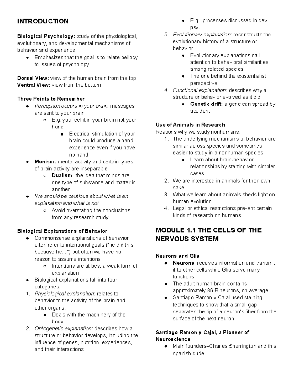 BIO PSY notes - INTRODUCTION Biological Psychology: study of the ...