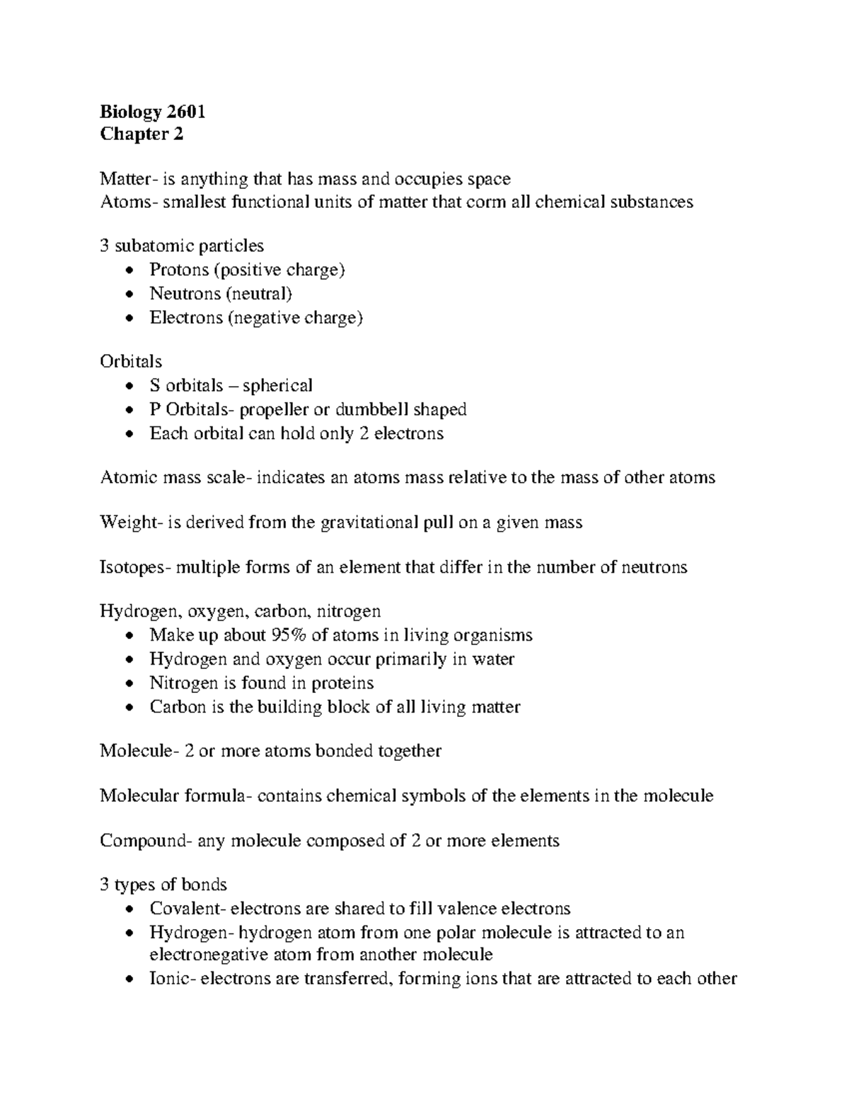 Biology 2601 CH2 - Biology 2601 Chapter 2 Matter- is anything that has ...