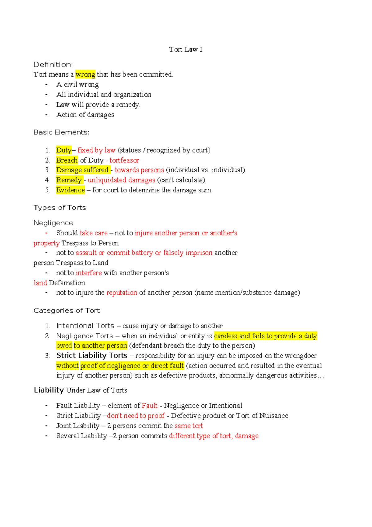 Tort Law I Notes - Tort Law 1 - Tort Law I Definition: Tort means a ...