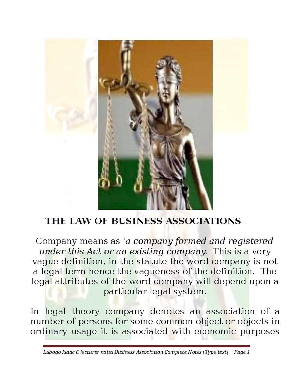 Business Association Complete Notes - THE LAW OF BUSINESS ASSOCIATIONS ...