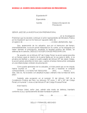 Modelo DE Escrito Deduciendo Excepcion DE Prescripcion - MODELO 19- ESCRITO  DEDUCIENDO EXCEPCION DE - Studocu