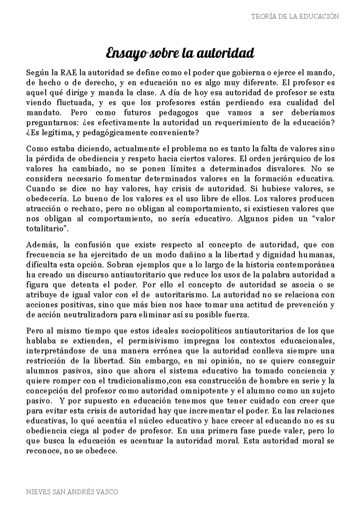 Ensayo Sobre La Autoridad - TEORÍA DE LA EDUCACIÓN Ensayo Sobre La ...