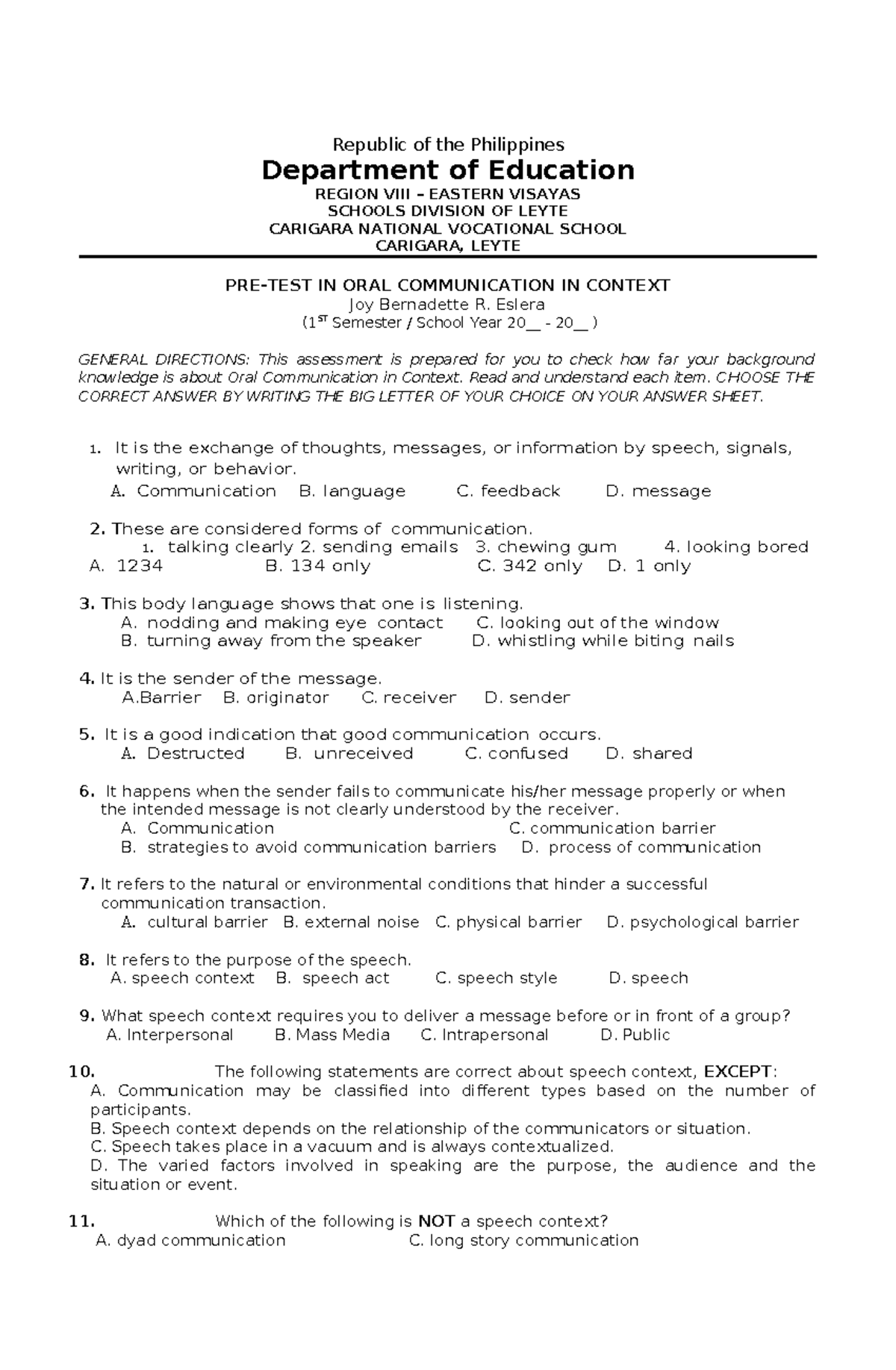 pre test in oc - Republic of the Philippines Department of Education ...