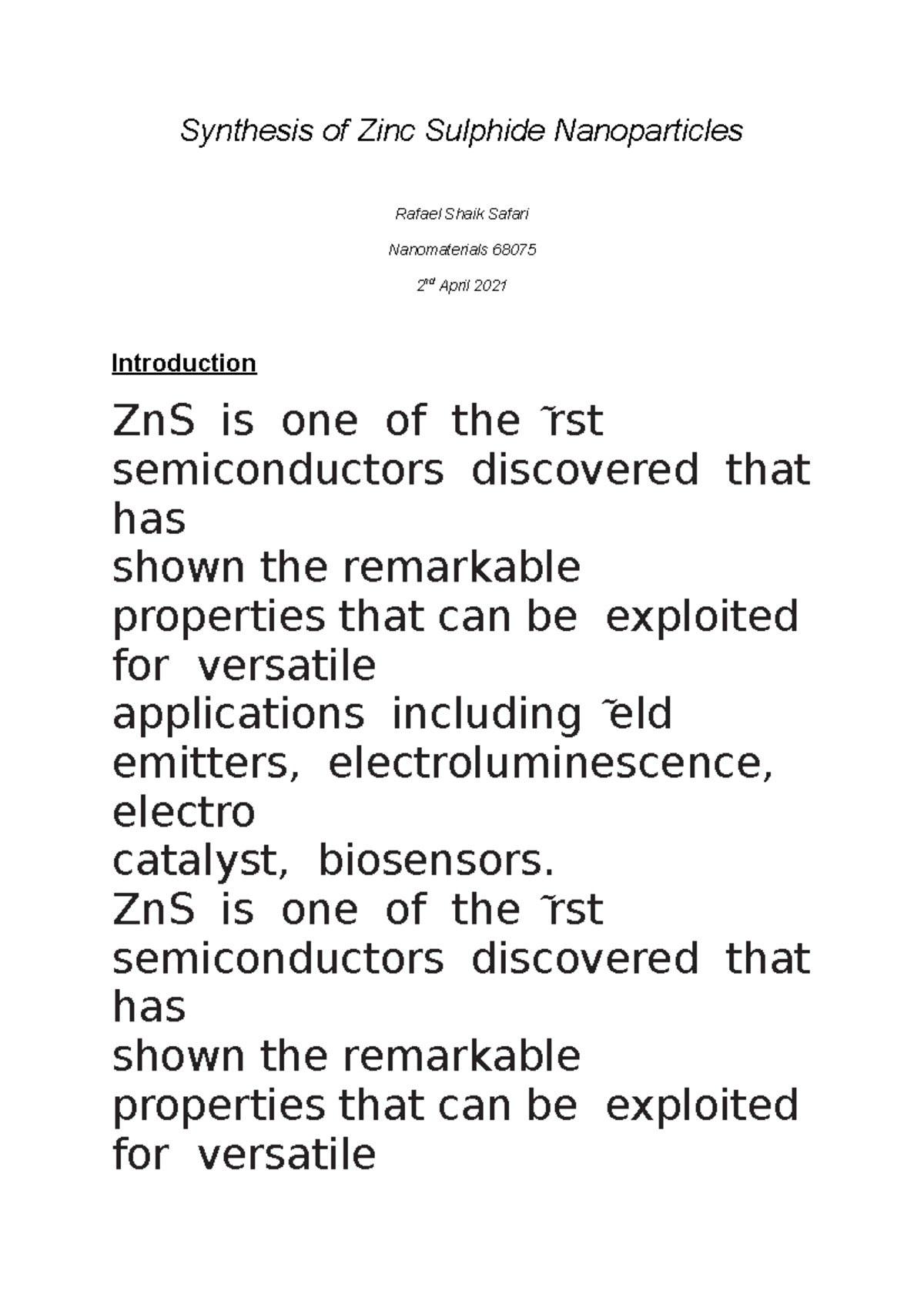 Synthesis of Zinc Sulphide Nanoparticles Studocu