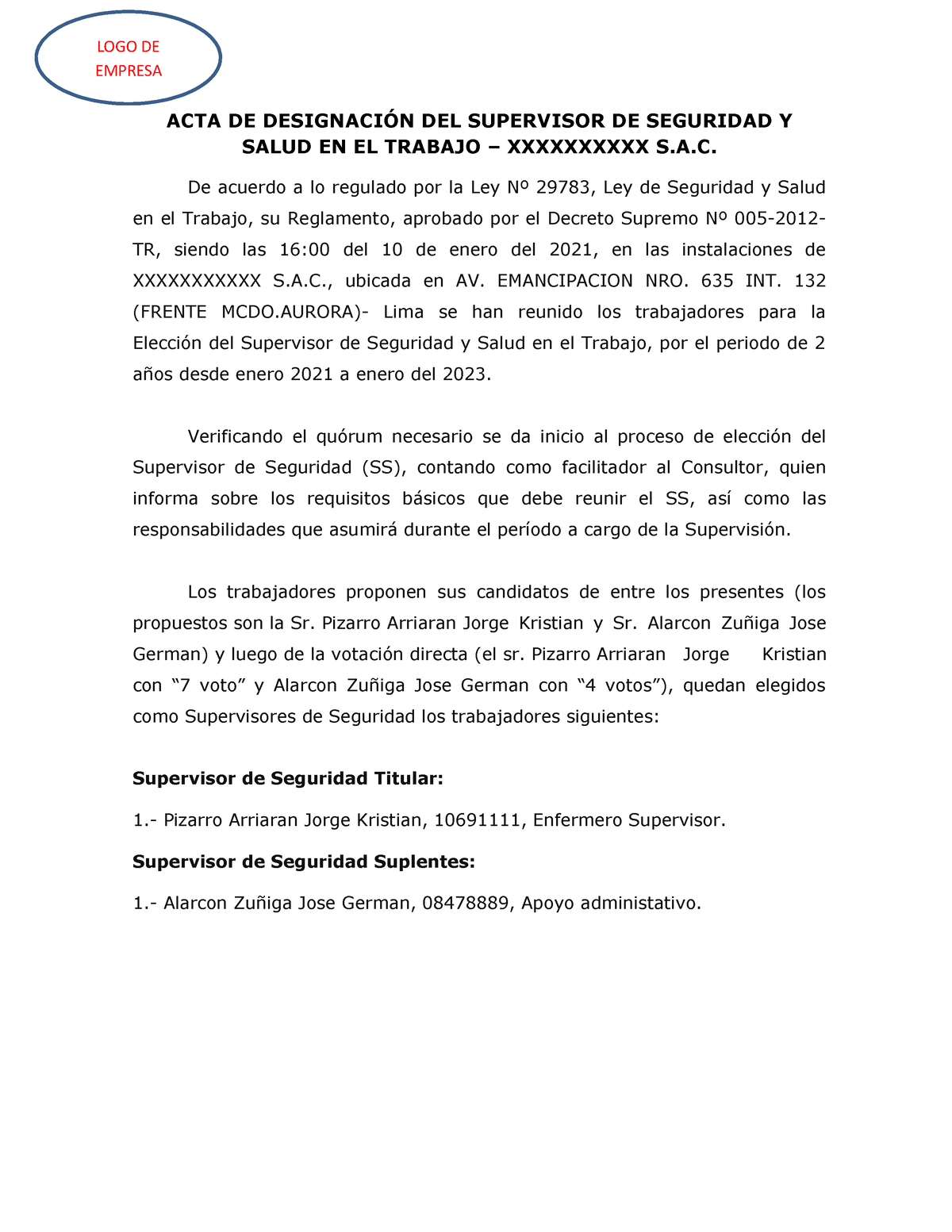 Acta De Nombramiento De Supervisor De Seguridad