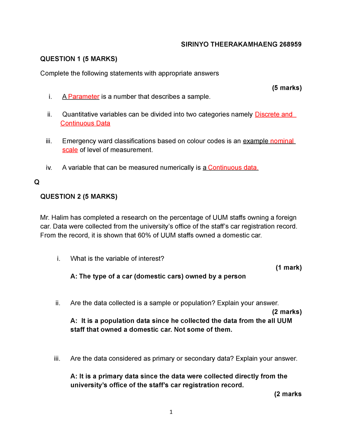 Quiz 1 of statistic subject - STQS1023 - StuDocu