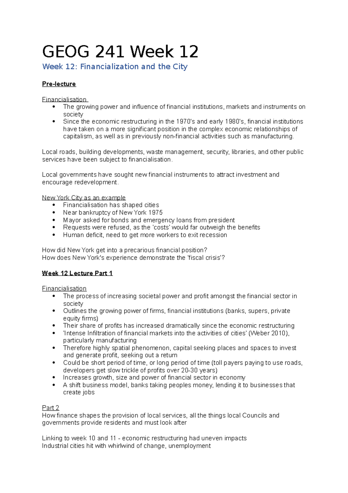 Geog 241 Week 12 Lecture and Exam notes GEOG 241 Week 12 Week 12
