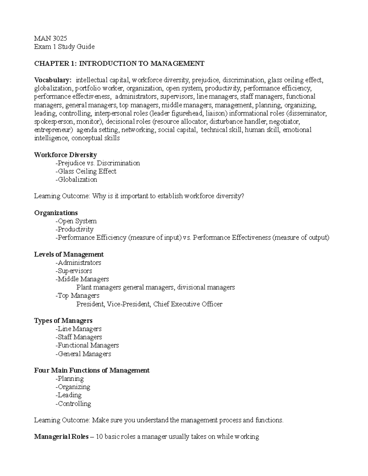 Exam 1 Study Guide - Summary Management of Organizations - MAN 3025 ...