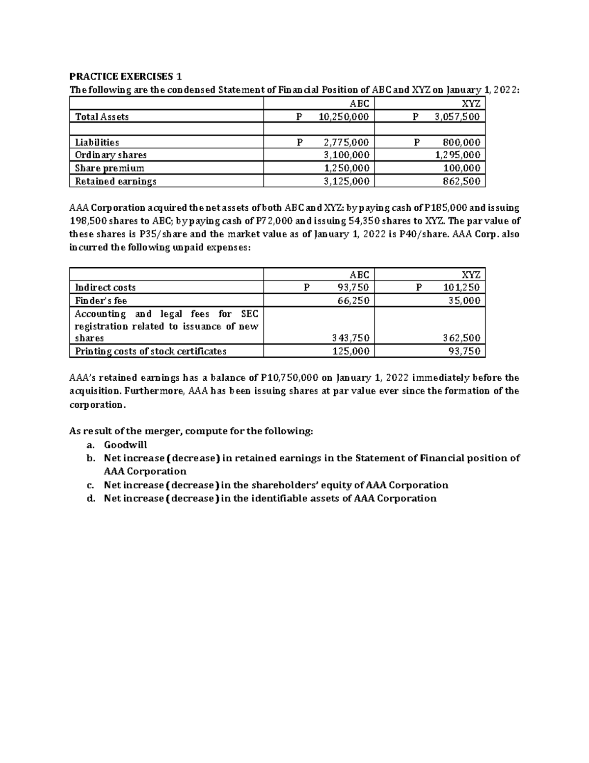 Practice Exercises 1 Business Combination PRACTICE EXERCISES 1 The
