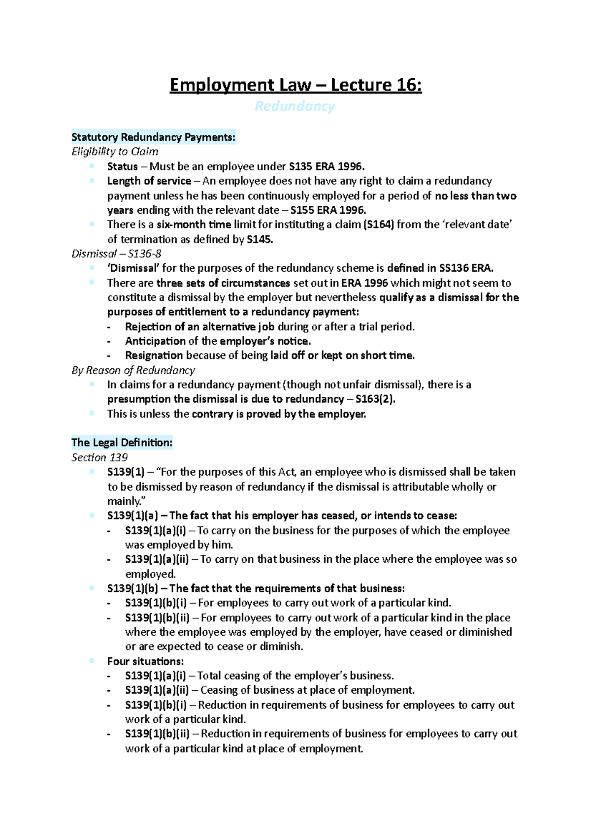 Lecture 16 - Redundancy - Employment Law – Lecture 16: Redundancy ...