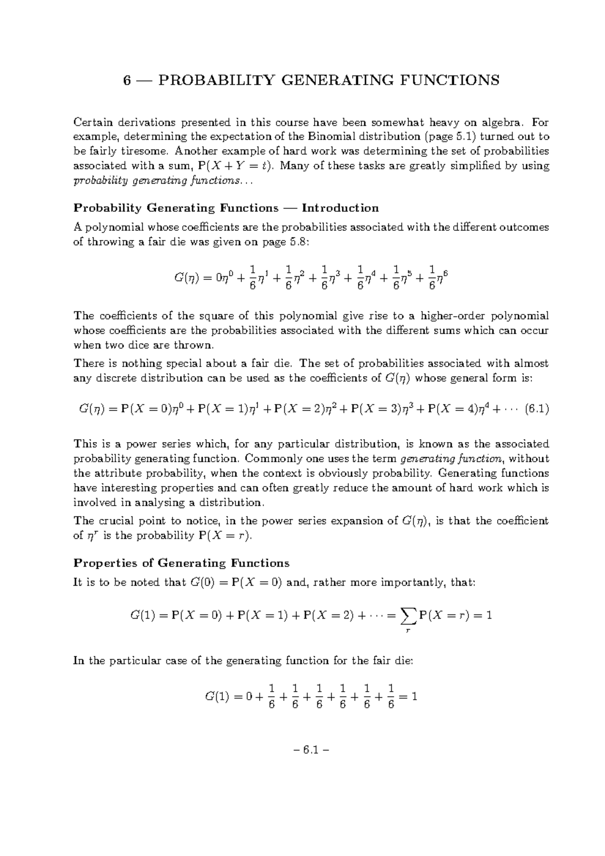 Stochastic Processes Handout 16 Probability Generating Functions - 6 ...