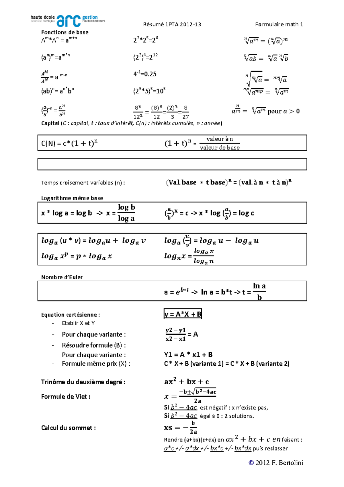 Math - Résumé Mathématiques - Résumé 1PTA 2012-13 Formulaire math 1 ...
