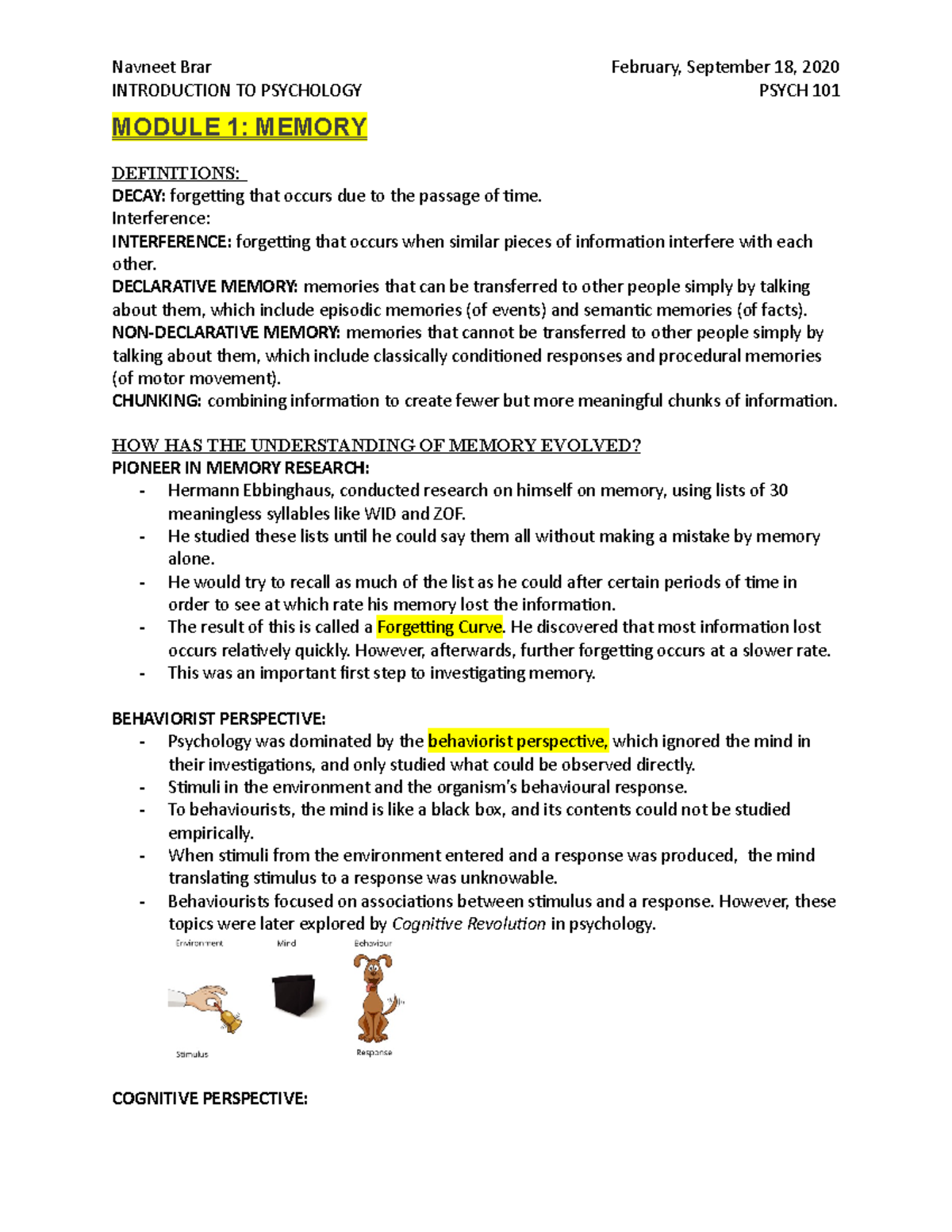 Week 1 Module 1 Memory - INTRODUCTION TO PSYCHOLOGY PSYCH 101 MODULE 1 ...