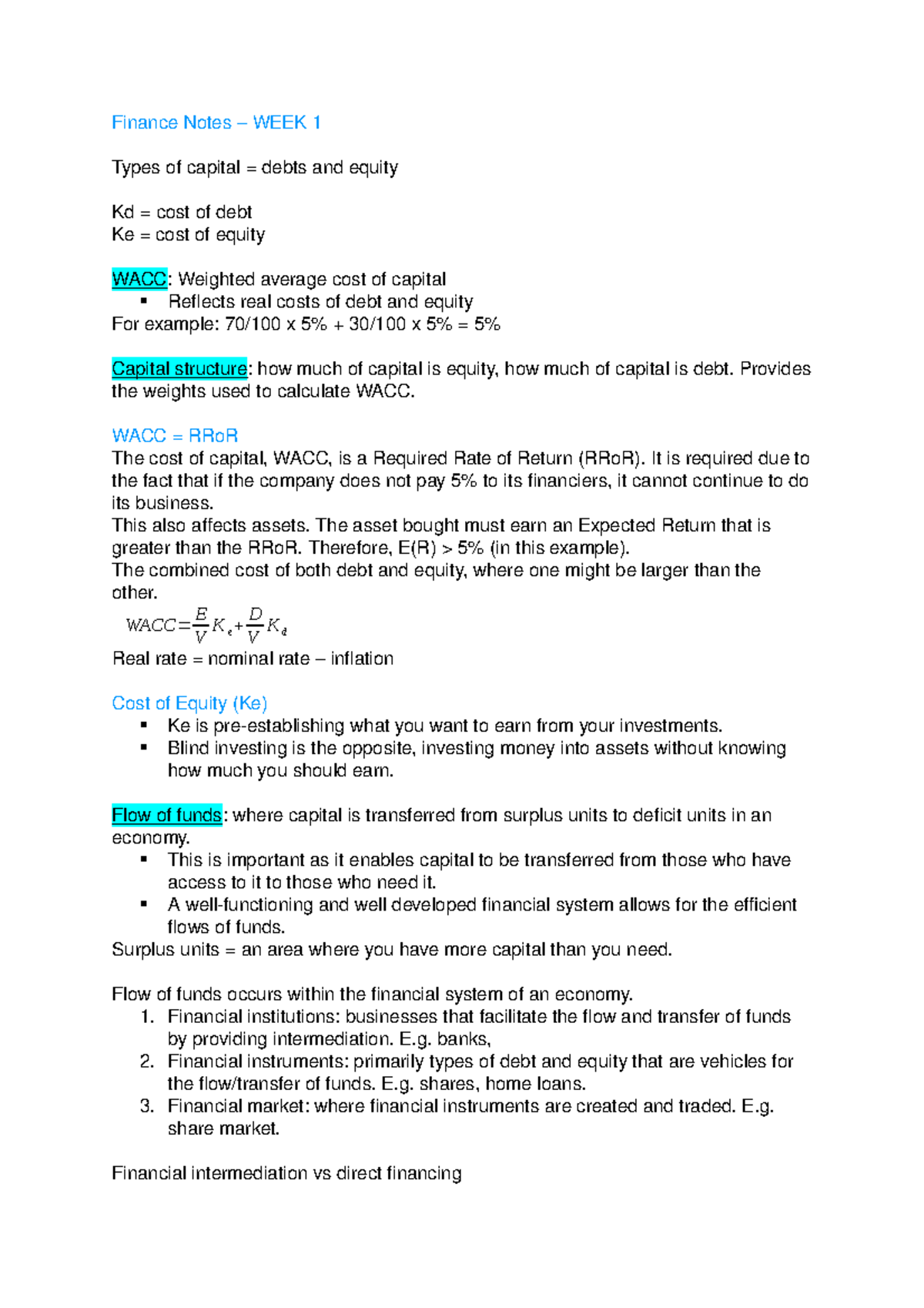BFF1001 Finance Notes WIP COPY - Finance Notes – WEEK 1 Types of ...