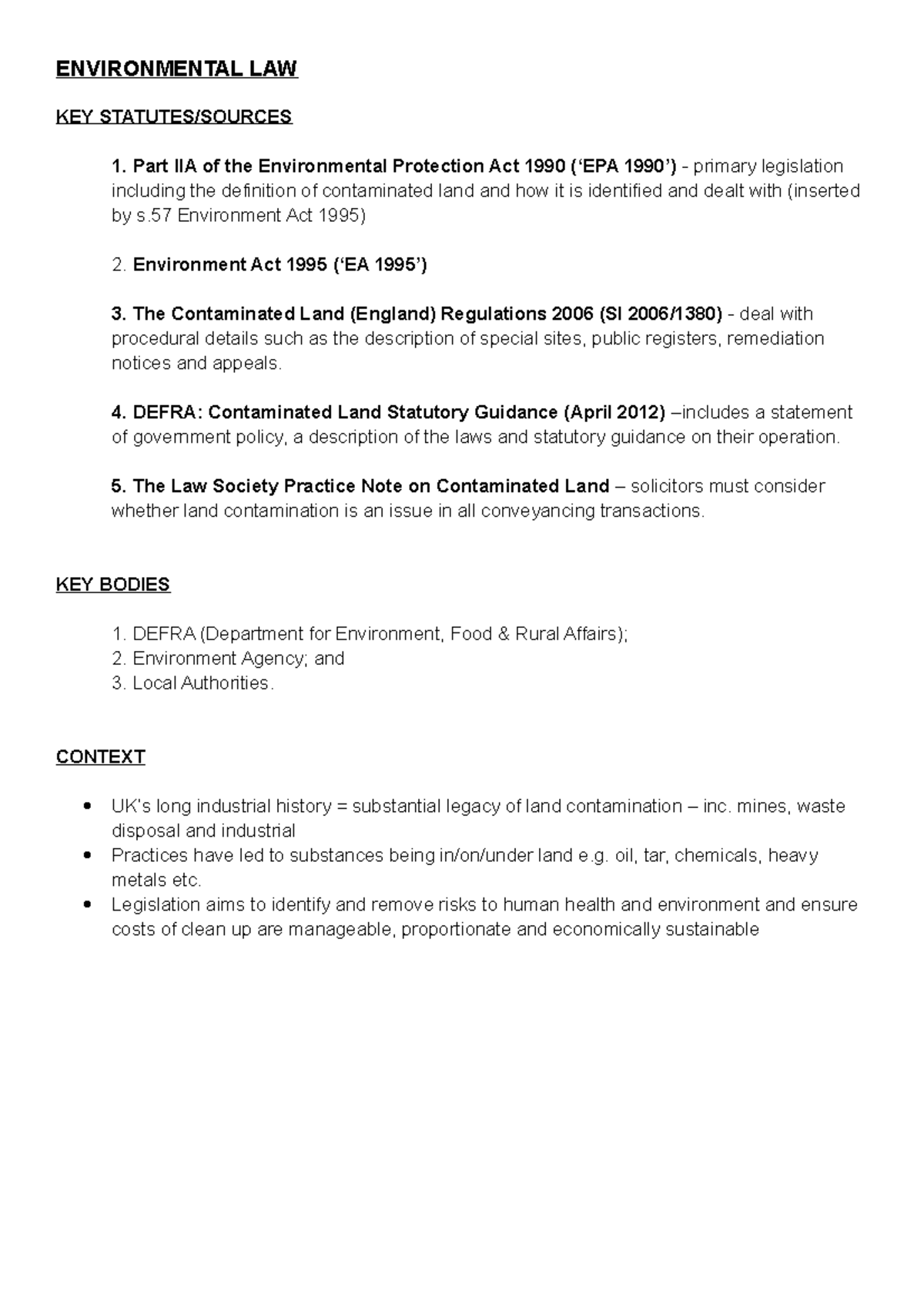 3 Environmental Law ENVIRONMENTAL LAW KEY STATUTES/SOURCES Part IIA of the Environmental Studocu