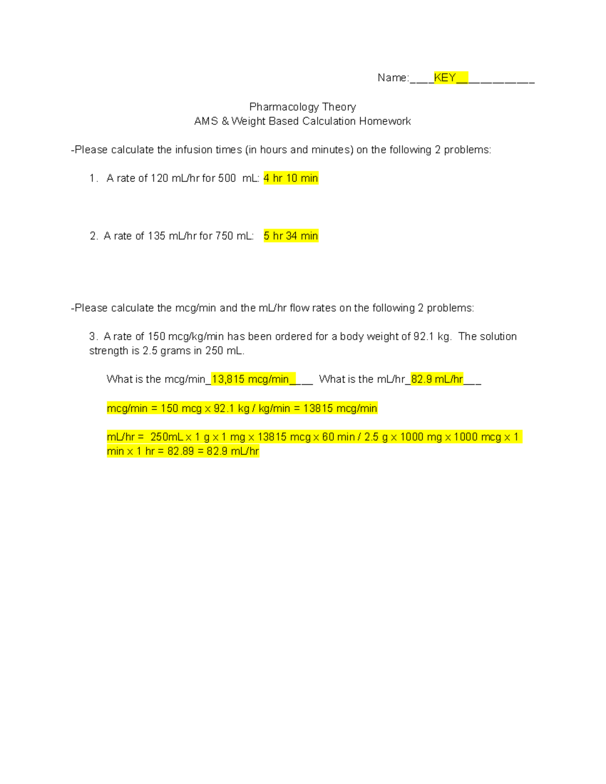 KEY AMS Pharm Theory HW - dimensional analysis practice - Name:KEY ...