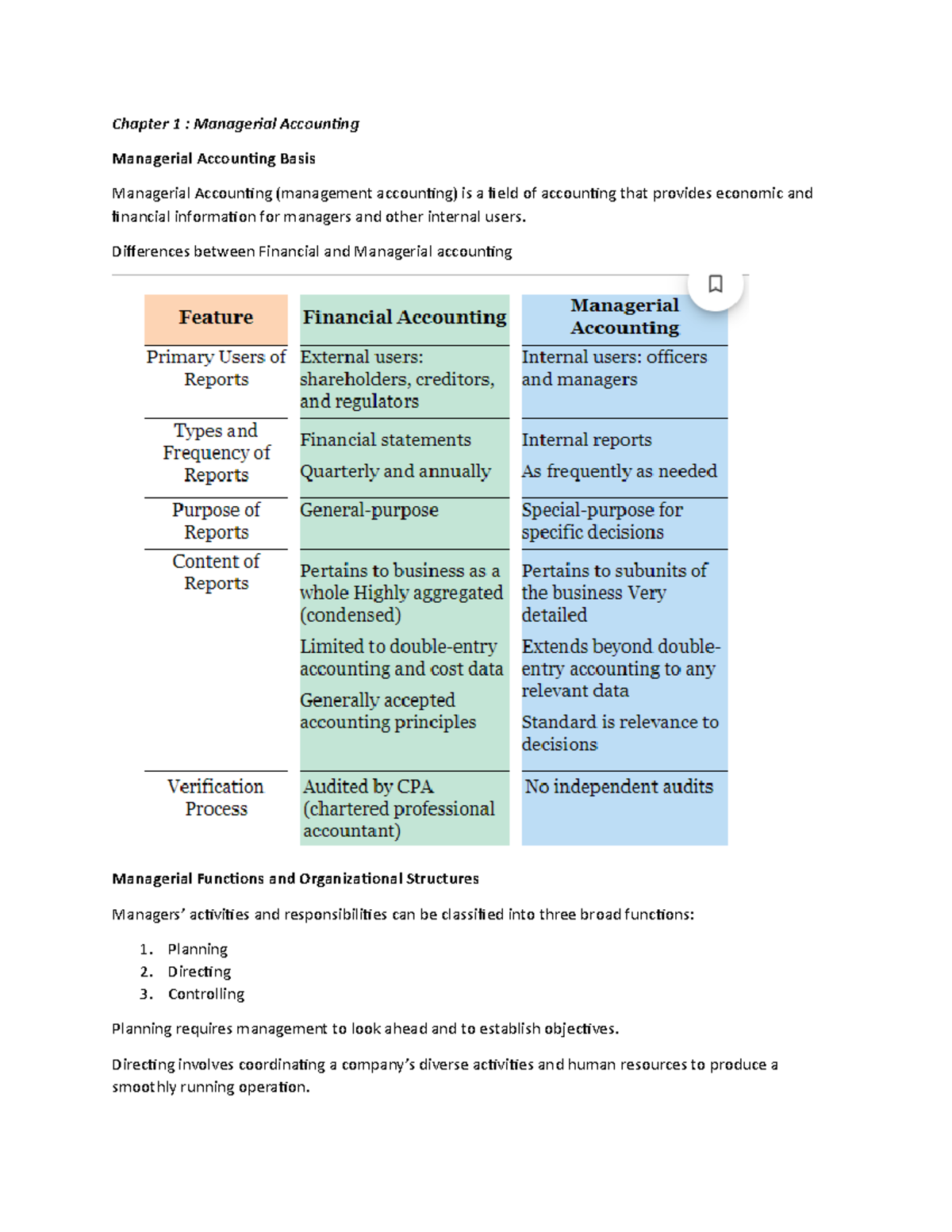 Note De Cours Management Accounting - Chapter 1 : Managerial Accounting ...