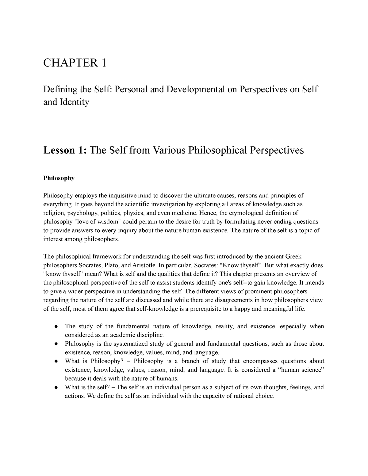 The Self From Various Philosophical Perspectives - CHAPTER 1 Defining ...