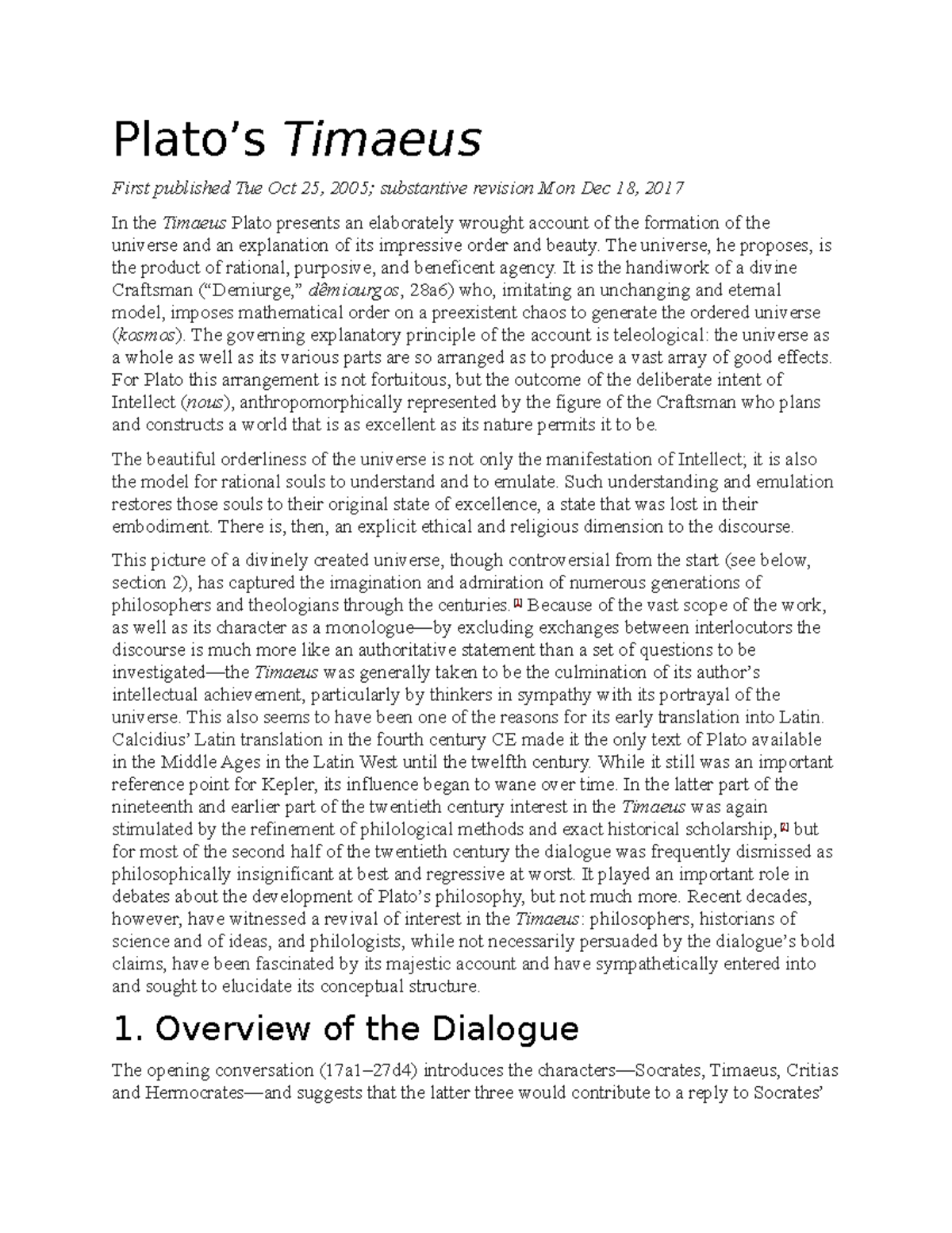Plato Timeo - Grade: B= - Timaeus First published Tue Oct 25 ...