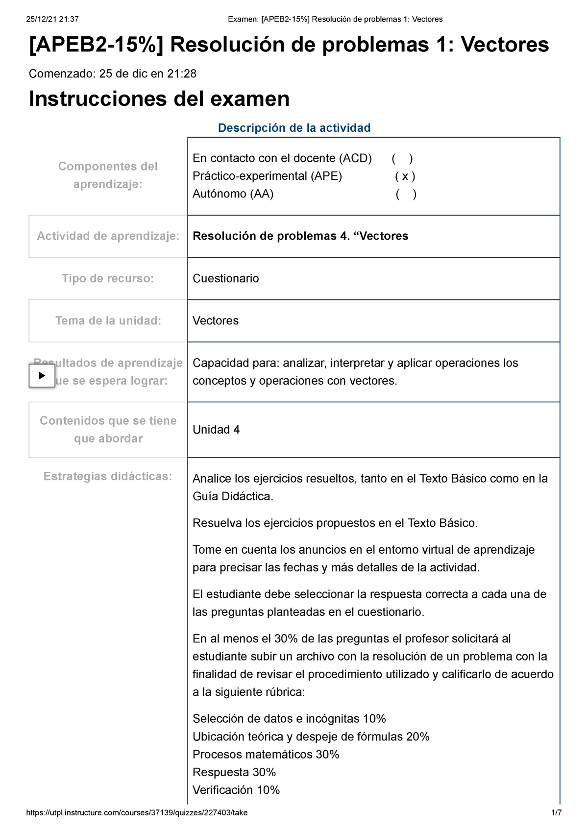 Examen [APEB 2-15%] Resolución De Problemas 1 Vectores - [APEB2-15% ...