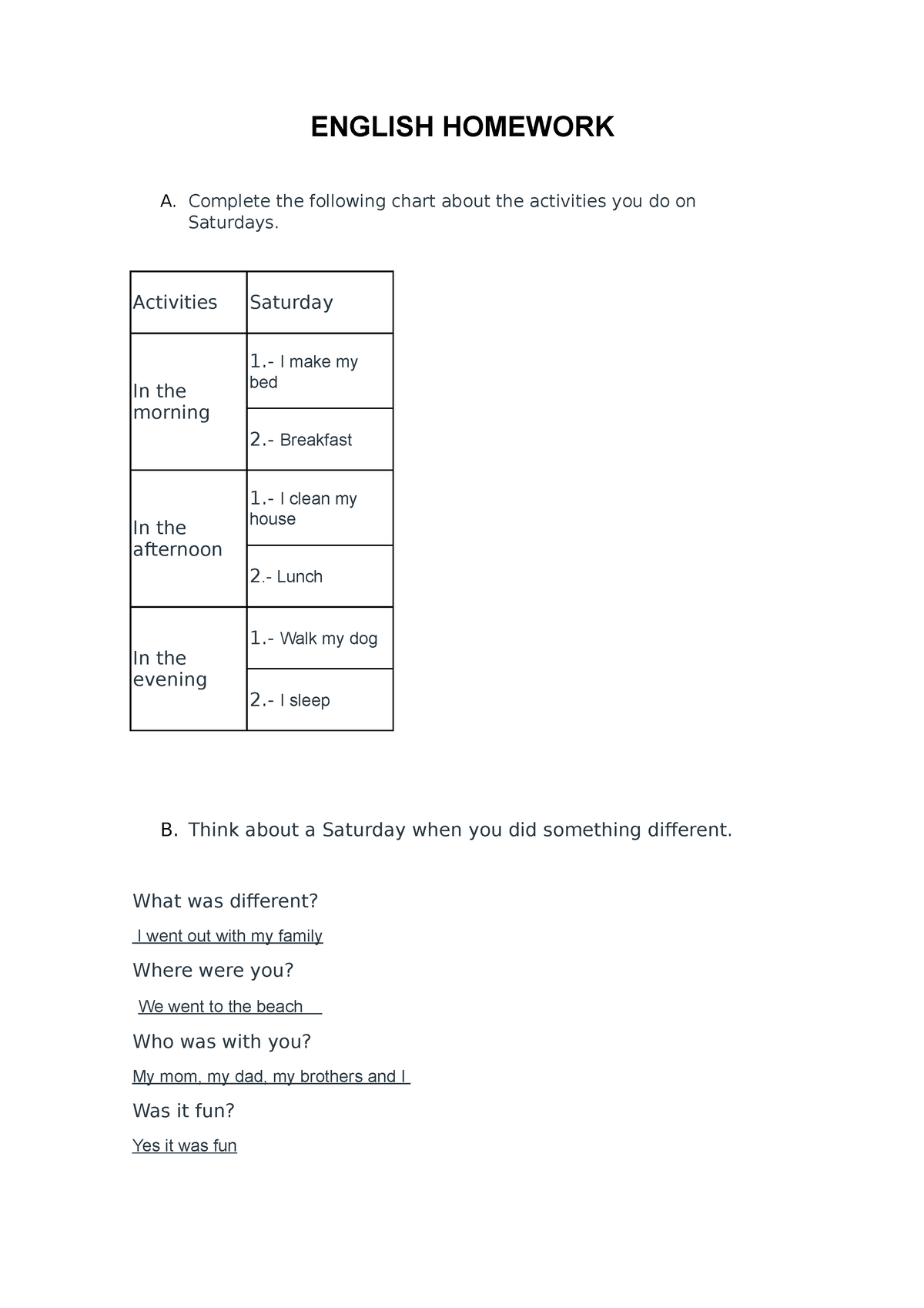 homework vocabulario en ingles