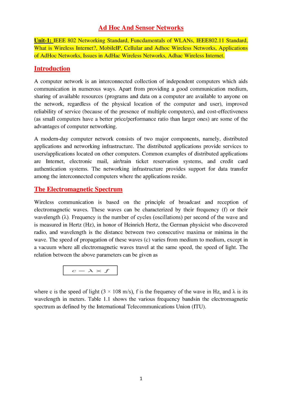 ASN-Madule-1 - Bxhbf - Ad Hoc And Sensor Networks Unit-1: IEEE 802 ...