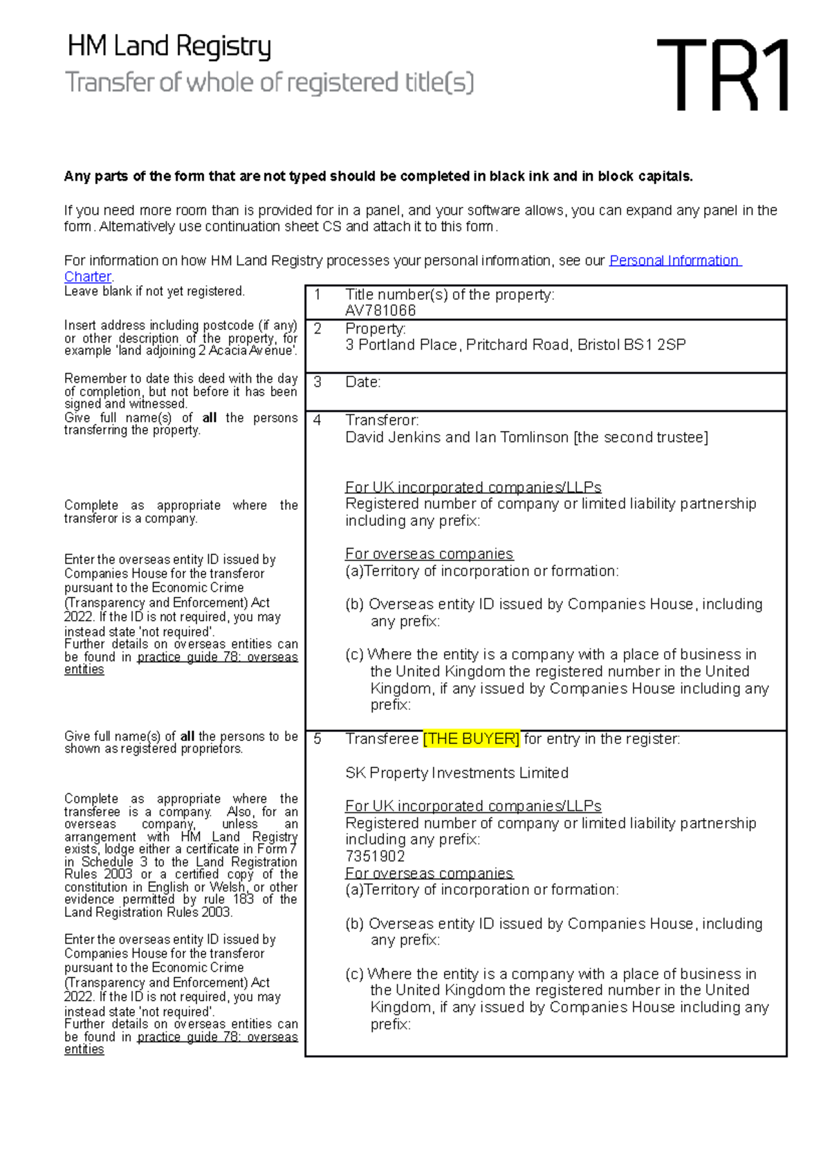 Completed TR1 Form WS 9 - Any parts of the form that are not typed ...