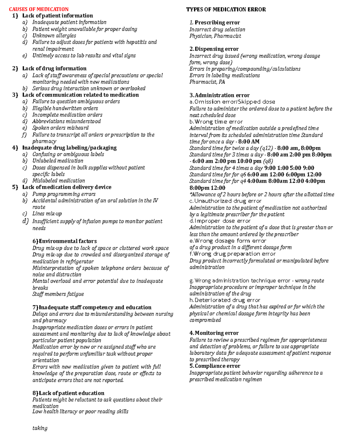 Causes of Medication Error - CAUSES OF MEDICATION 1) Lack of patient ...