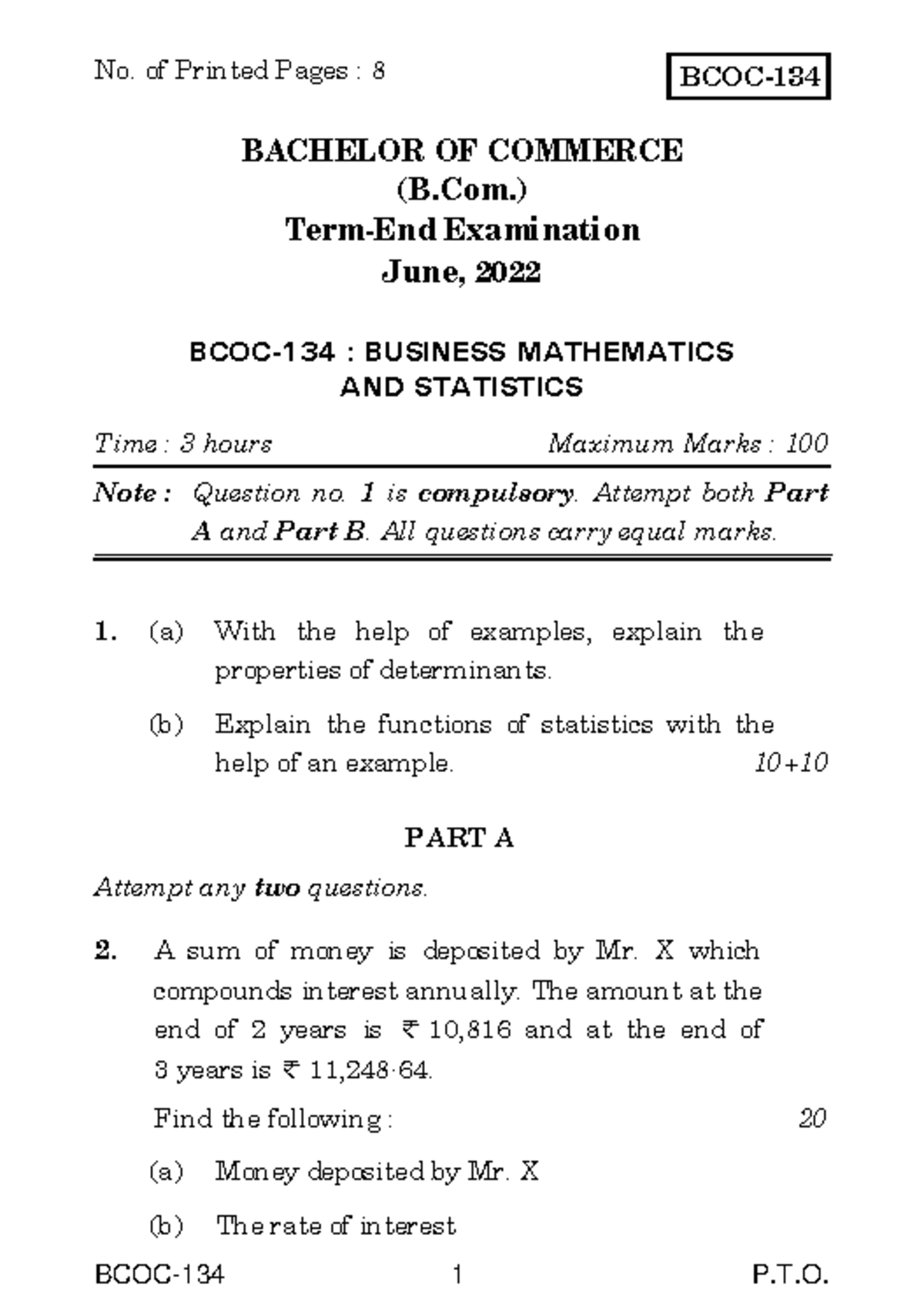 BCOC-134 Previous Year Question Paper - BCOC-134 1 P.T. BCOC- BACHELOR ...