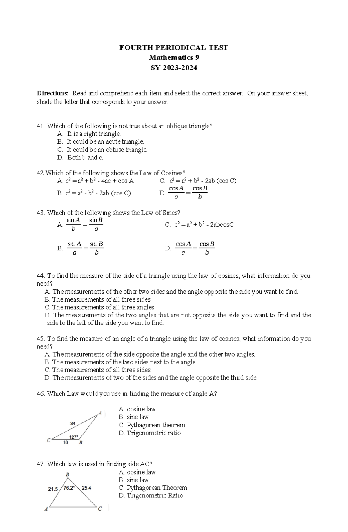 Math-9 Q4 PT-Questions-on-Sine-Law-and-Cosine-Law - FOURTH PERIODICAL ...