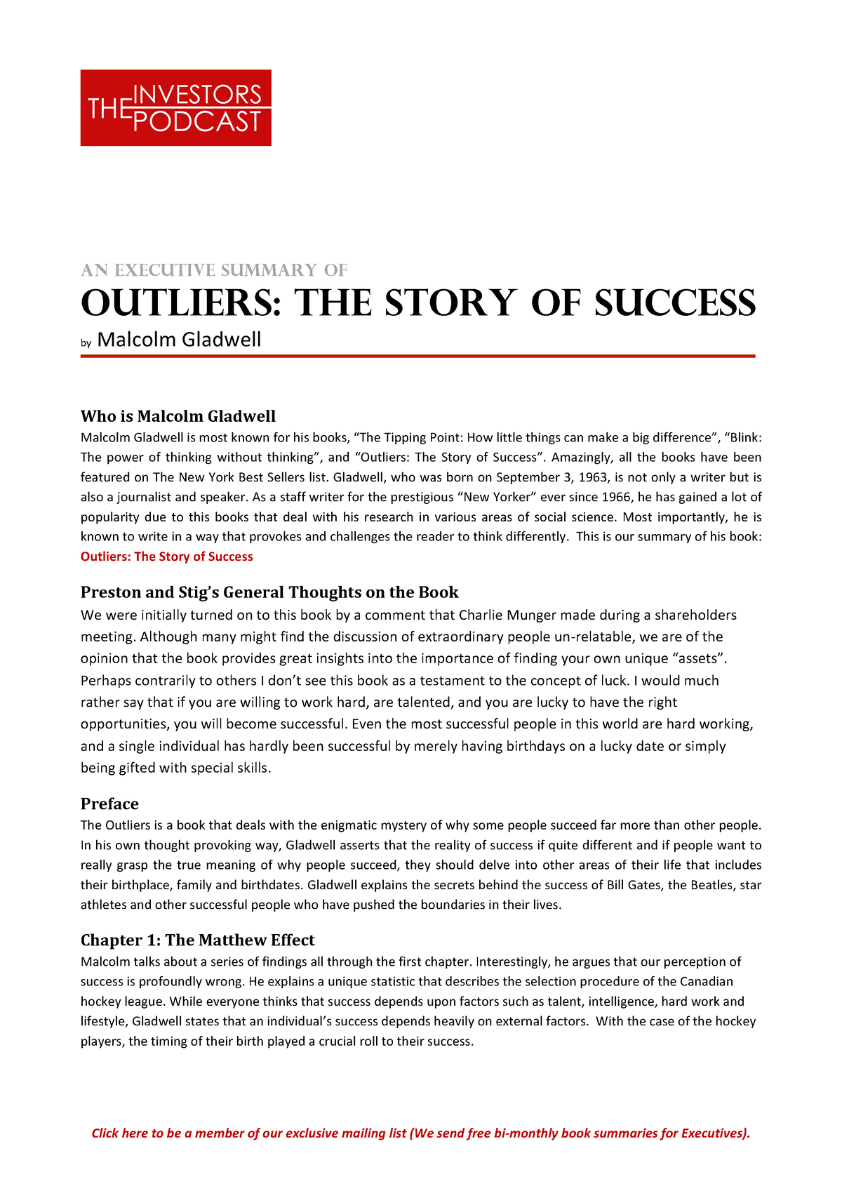 Executive Summary Of Outliers Malcolm Gladwell An Executive Summary Of Outliers The Story Of