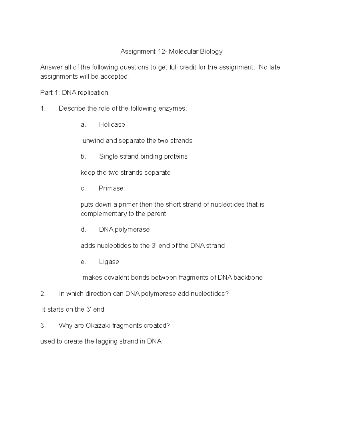 Assigment 12 Molecular Biology Assignment 12 Molecular Biology