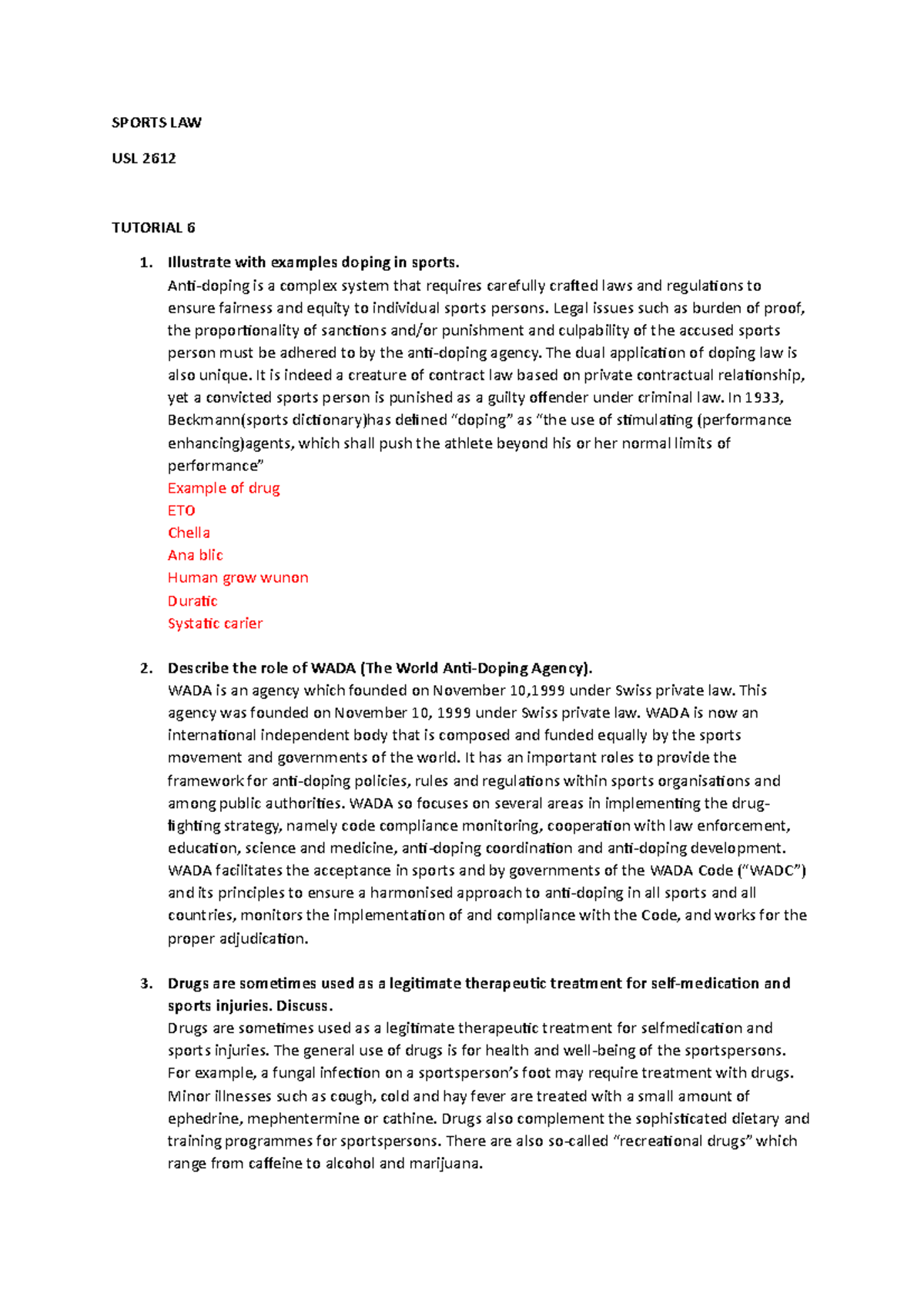 Sport Law Tutorial 6 red colour is answer given by mdm SPORTS LAW