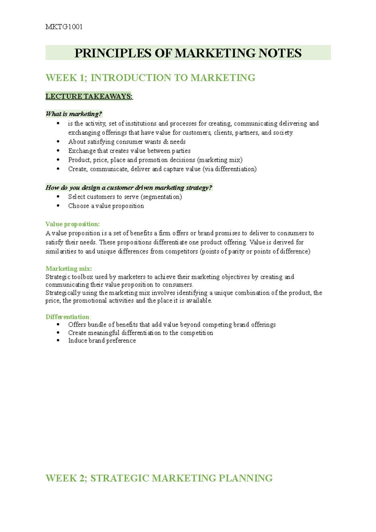 MKTG1001 - PRINCIPLES OF MARKETING NOTES WEEK 1; INTRODUCTION TO ...