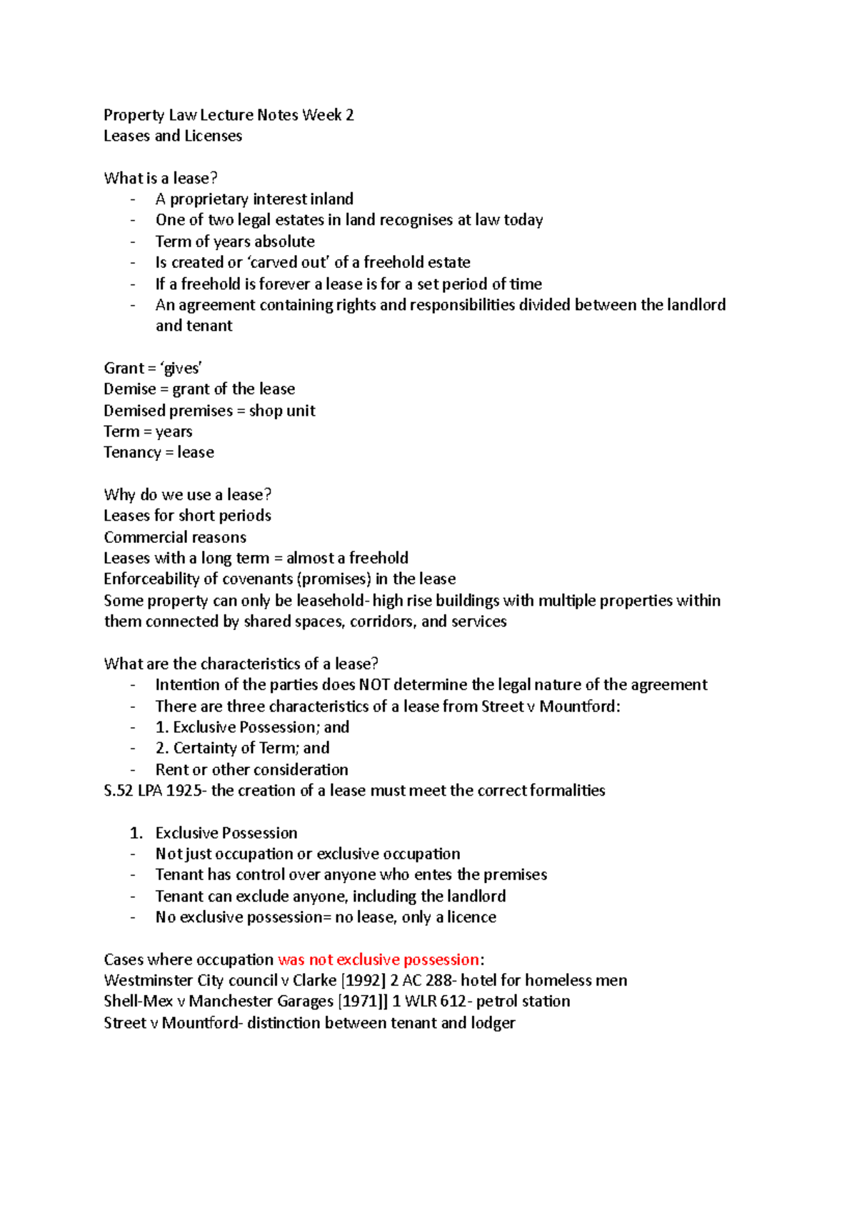 Property Law Lecture Notes Week 2 - Exclusive Possession; and - 2 ...