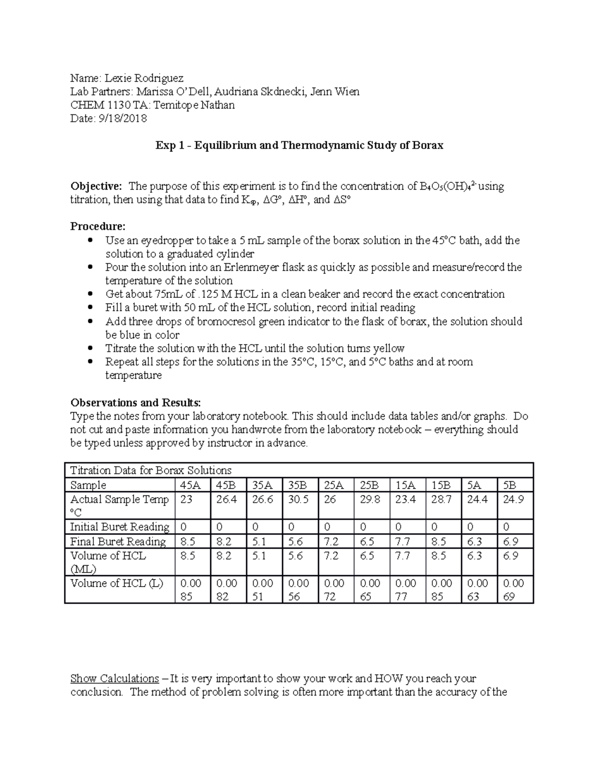 Chem 1130 Lab Report Experiment 1 - Name: Lexie Rodriguez Lab Partners ...