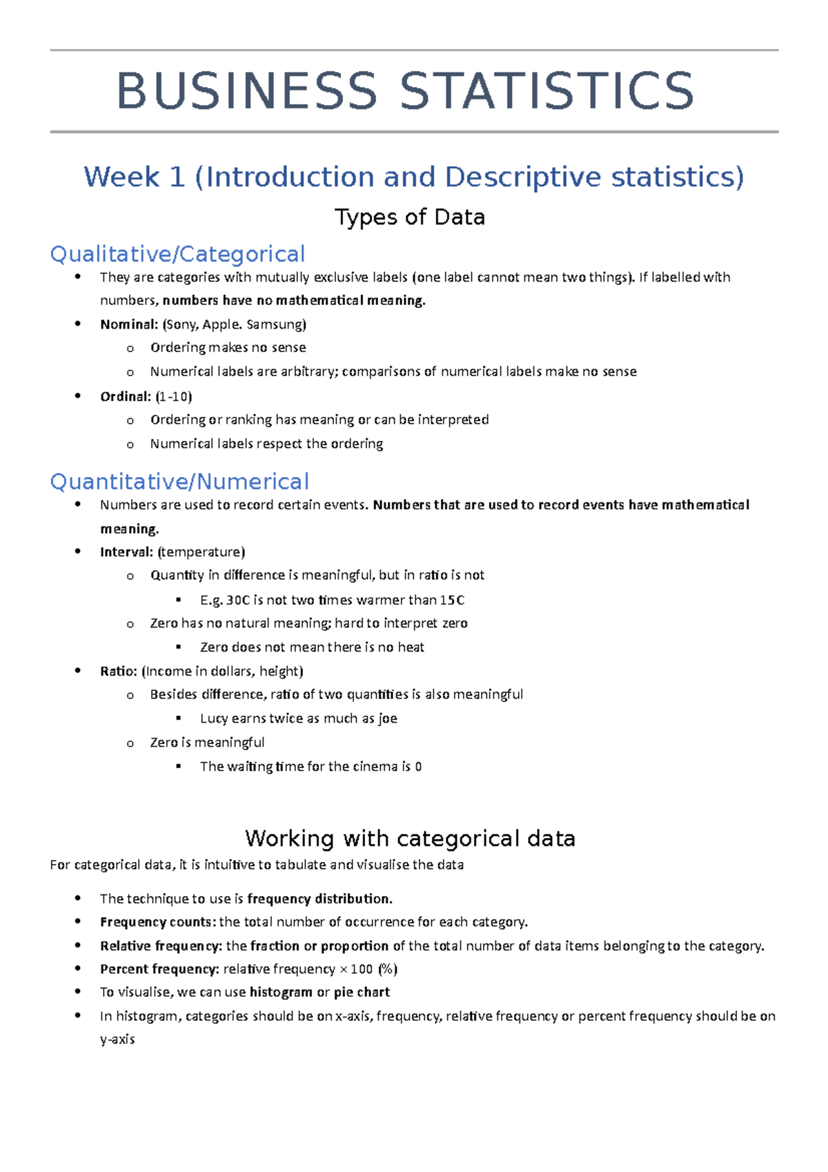 Lecture Notes Business Statistics - 026134 - Studocu
