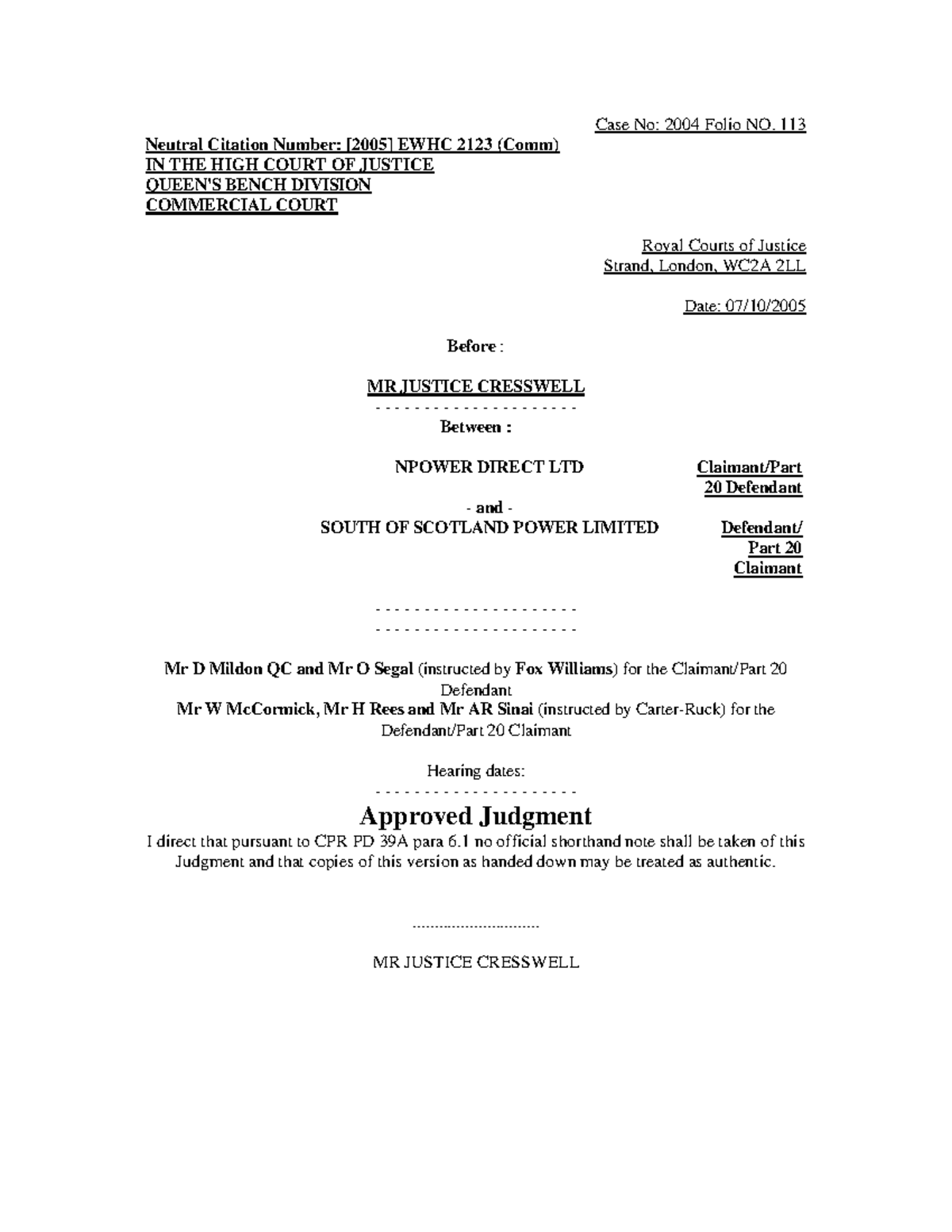 Npower direct ltd claimantpart 20 defendant v south of scotl - Case No ...