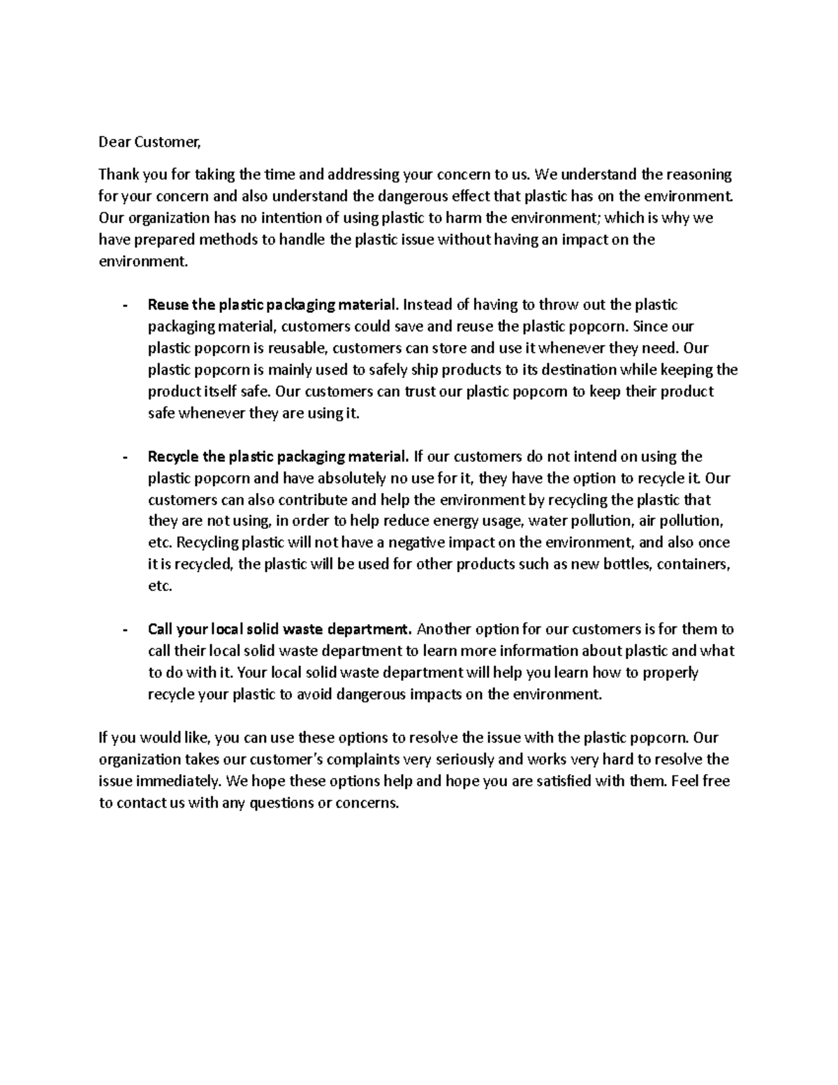 CMN 279 E-mail Assignment - Dear Customer, Thank you for taking the ...