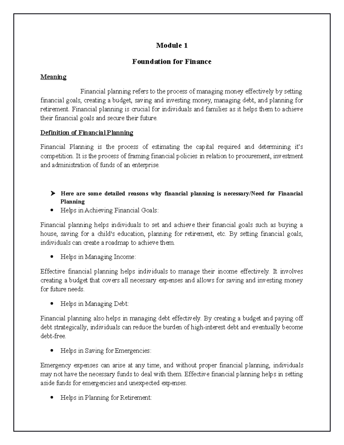 Module 1 Module 1 Foundation for Finance Meaning Financial planning