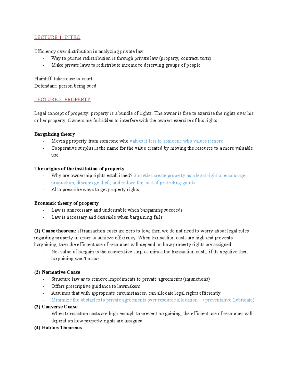 ECO320 2 - Summary Law and Economics - LECTURE 1: INTRO Efficiency over ...