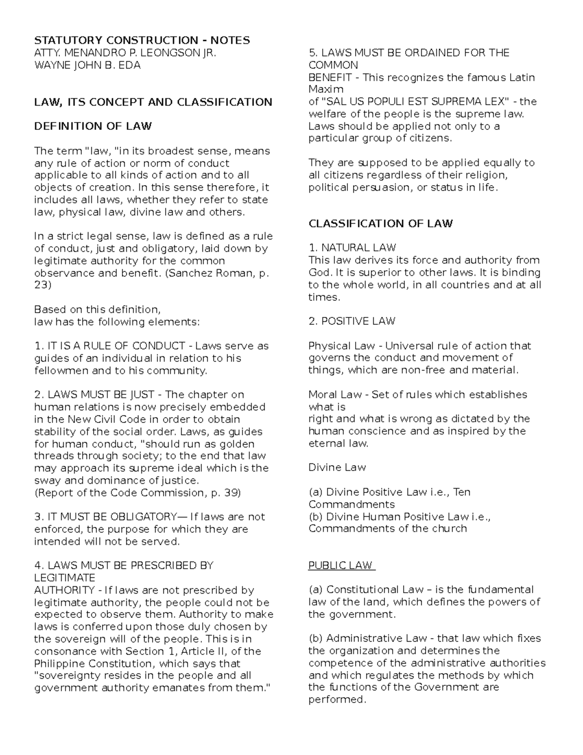 Statutory Construction Notes STATUTORY CONSTRUCTION NOTES ATTY. MENANDRO P. LEONGSON JR