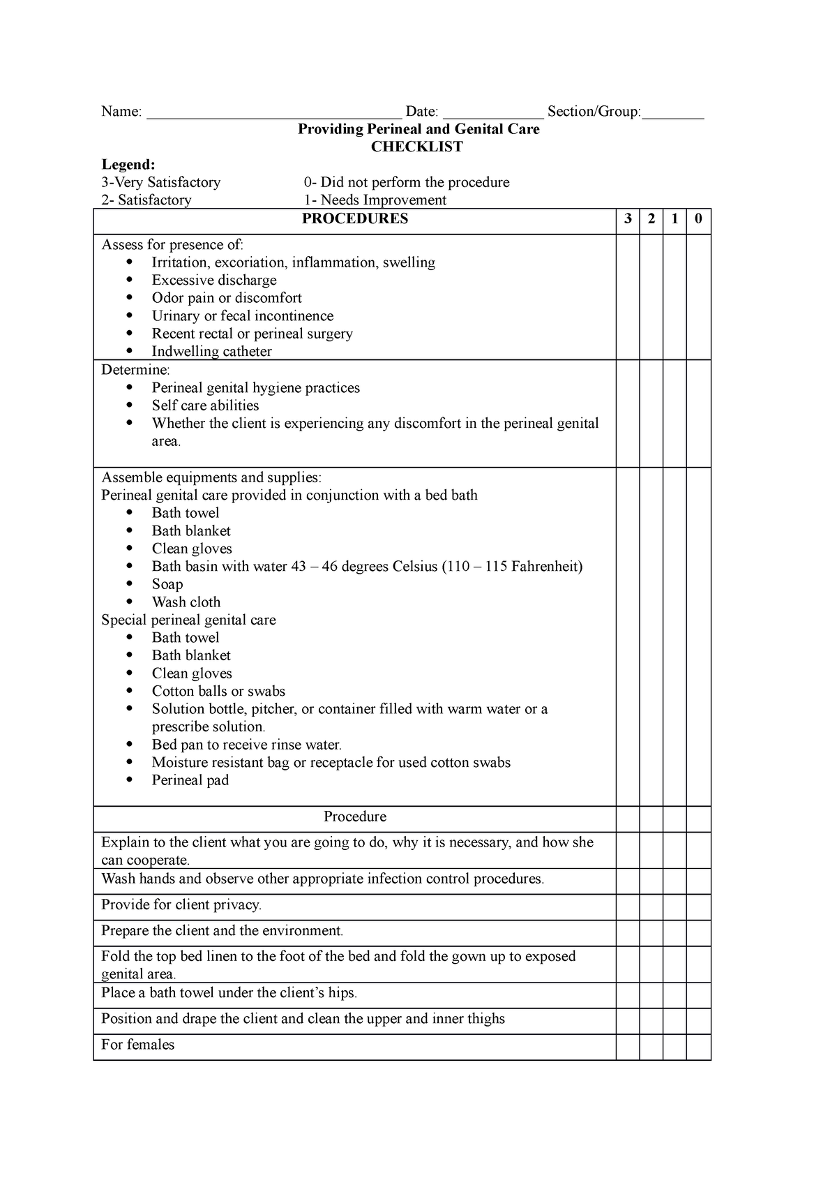 Providing Perineal and Genital Care checlist - Name ...