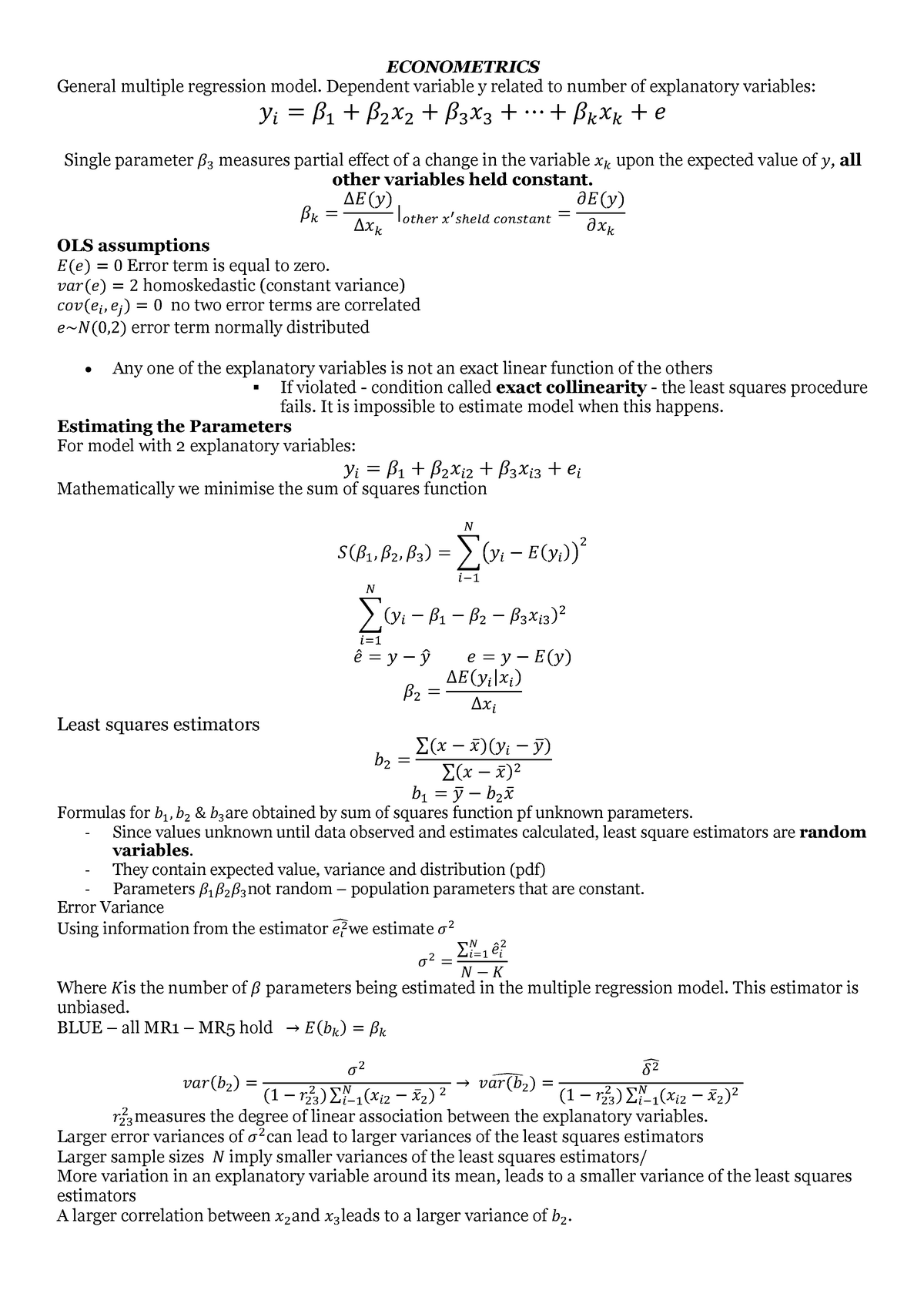 Econometrics II Summary - ECONOMETRICS General multiple regression ...