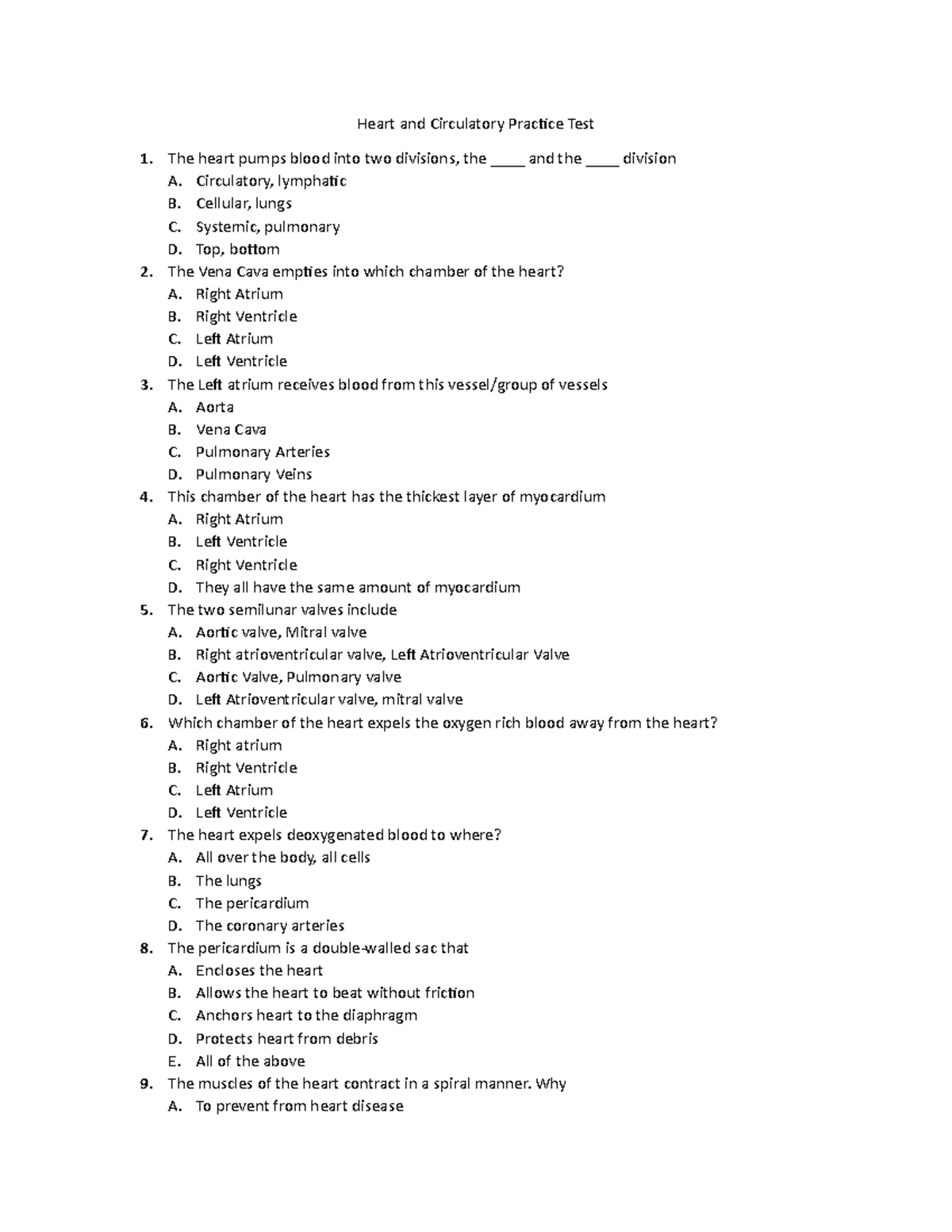 Heart and Circulatory Practice Test - Circulatory, lymphatic B ...